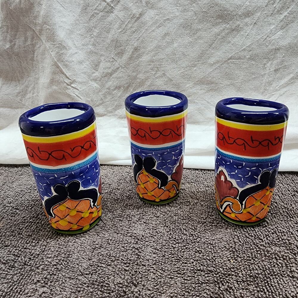 3 Mexican pottery shot glasses Brightly colored tall X